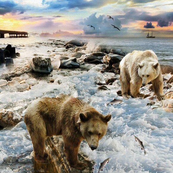 Bear Fishing Ocean Sky Landscape Fantasy Composite Oil Painting Wall Art Print - Picture 2 of 8